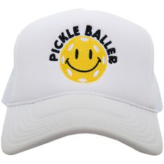 Check out this adorable Pickle Baller Trucker Hat! This foam trucker hat is sure to make you stand out on the court, and the snap adjustment means it will always fit just right. Plus, who can resist that cute pickle ball and smiley face design? 65% cotton, 35% polyester machine wash delicate or hand wash one size fits most adjustable back mesh netting snapback closure Are you looking for wholesale hats online? Look no further than Katydid Wholesale! We offer an extensive selection of wholesale h Novelty Adjustable Trucker Hat With Flat Bill, White Funny Snapback Hat, Funny White Snapback Hat, Adjustable Novelty Sports Hats, Funny White Baseball Cap Trucker Hat, Funny White Adjustable Baseball Cap, Funny White Trucker Hat Baseball Cap, Funny Adjustable Trucker Baseball Cap, Funny Adjustable Trucker Hat For Streetwear