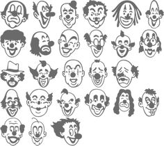 various clown faces with different facial expressions and haircuts, black and white version