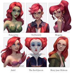 six different female avatars with red hair and green eyes