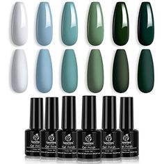 About this item Theme For The Gel Polish Set：This gel nail polish set name Misty - Forest inspired by the movie \"The Twilight Saga\". This color set includes the misty gray, denim wash, winter mint, palace green, dark green, and Yorktown green. Healthy: 9 Toxin Free Ingredient makes it safe and has low odor. Only used for nail and Non-direct contact with the skin. Wash immediately if contact occurs. If you feel unwell, instantly stop using and seek medical attention. Keep the products away from Green Gel Polish, Buff Nails, Best Gel Nail Polish, Baby Blue Nails, Uv Nail Lamp, Gel Polish Nail Art, Glitter Gel Polish, Gel Set, Gel Nail Kit