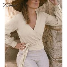 TAVIMART 100%  Cotton Gauze Muslin Shirts And Blouses Sexy V-Neck Long Sleeve Top Bandage Lace Styl Shirts And Blouses, Back To School Outfits, Season Autumn, School Outfits, Types Of Shirts, Stylish Women, Long Sleeve Top, Autumn Winter, Style Casual