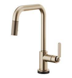 the kitchen faucet is shown in stainless steel and has an angled spout