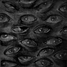 black and white photograph of many different eyes