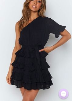 Ruffle Dress Short, Black Dress Accessories, Black Dress Outfit Casual, One Shoulder Ruffle Dress, Black One Shoulder Dress, Neon Moon, Moon Dress, Teen Clothes, Tiered Ruffle Skirt