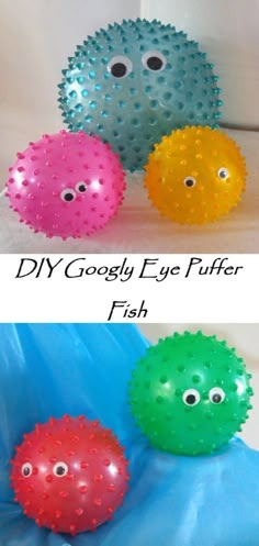 three different colored balls with googly eyes on them and the words diy googly eye