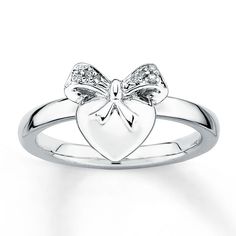 This diamond stackable ring features a heart and bow design. The band is 2.25mm wide and made of sterling silver. Jared The Galleria Of Jewelry, Bow Ring, Bow Design, Stackable Ring, Ring Diamond, The Band, White Ring, Diamond Stone, Cute Jewelry