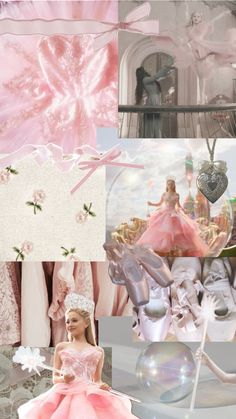 a collage of pink and white dresses, tiaras, and other things in the background