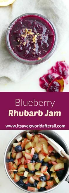 blueberry rhubarb jam in a silver bowl with spoons next to it