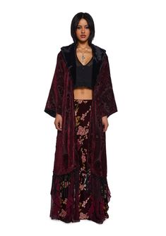 Halloween Costume Boots, Pinterest Fits, Velvet Duster, Current Mood Clothing, Floral Print Maxi Skirt, Booties Outfit, Lace Up Leggings, Velvet Kimono, Long Duster