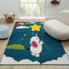 a rug with an image of a cartoon character holding a star in the sky on it