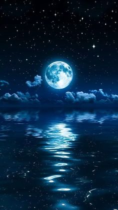 the full moon is reflected in the water and stars are shining above it, as well as clouds