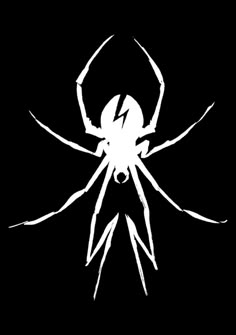 a black and white image of a spider on a dark background with the word's logo