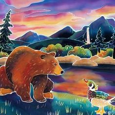 a painting of a bear, duck and mallard on a lake with mountains in the background