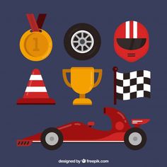 flat design race car with trophy and medals