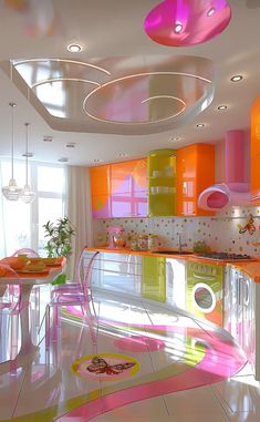 the kitchen is decorated in bright colors