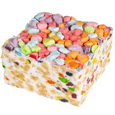 a close up of a cake with cereal toppings