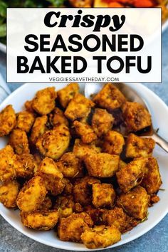 crispy seasoned baked tofu in a white bowl