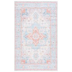 a blue and pink rug with an ornate design on the bottom, in front of a white background