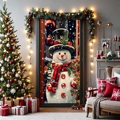 a christmas scene with a snowman door cover