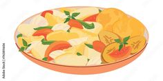 a bowl filled with sliced up oranges and apples on top of a white table