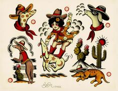 an old school style tattoo design with dogs and people in the desert, including a cowboy