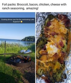 an image of food cooking on the grill next to a photo of a lake and grass field