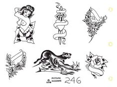 an old school tattoo flash sheet from the early 20th century, depicting various tattoos and designs