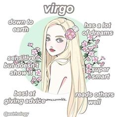 a girl with long blonde hair and flowers in her hair is surrounded by the words virgo