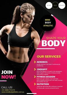 a flyer for a bodybuilding gym with an image of a woman's torso