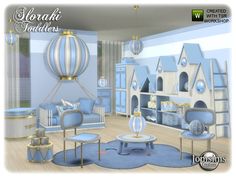 a baby's room with blue and white furniture in the shape of a castle