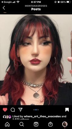 Shag With Red Highlights, Brown Hair Red Front Pieces, Red Peekaboo Hair With Bangs, Split Bangs Long Hair, Red Peekaboo Brown Hair, Half Brown Half Red Hair Underneath, Dark Hair With Red Streaks, Red Underside Hair, Black And Bright Red Hair