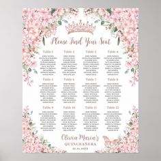 a wedding seating chart with pink flowers and a tiable on it, in front of a white background