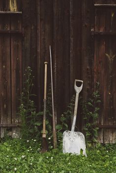 there are two shovels and a trowel in the grass next to a fence