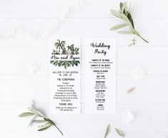 two wedding programs with flowers and greenery on the table next to eachother