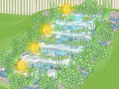 a drawing of a garden pond with water lilies