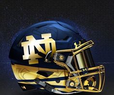 a football helmet with the letter n on it's side and gold lettering in black