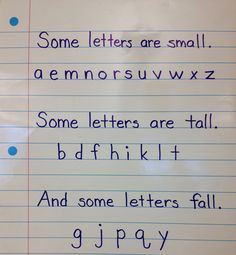 a piece of paper with writing on it that says some letters are small, a letter s u w z some letters are tall, b d f k i t and some letters fall g j y