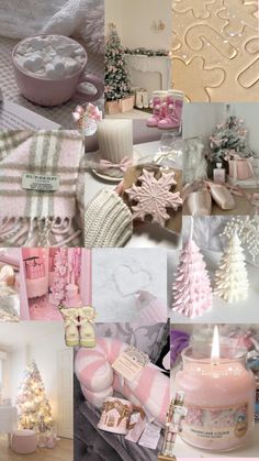 a collage of pink and white pictures with christmas trees, gifts, candles and other items