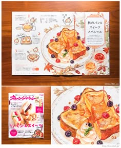 two pictures of pancakes on a plate with syrup and berries in the middle one is drawn by hand