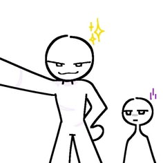 a cartoon character pointing at another character with his hand out to the other person's head