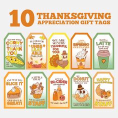 ten thanksgiving appreciation gift tags with the words 10 thanksgiving appreciation gifts