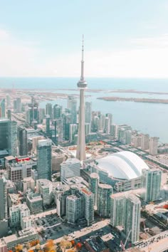 an aerial view of a city with tall buildings