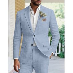 Category:Linen Suits; Embellishment:Pocket; Season:Spring, Fall, Winter, Summer; Fabric:Linen Blended; Front Closure:Single-Breasted Buttons; Includes:Pants,Jacket; Occasion:Wedding; Fit Type:Tailored Fit; Jacket Buttons:Single Breasted Two-buttons; Jacket Vents:Single (Center); Jacket Pockets:Straight Flapped; Pattern:Solid Colored; Listing Date:05/23/2024; Production mode:External procurement; Pant Length:null; Pants Waist:null; Shoulder Width:null; Sleeve Length:null; Bust:null; Hips:null; Cl Light Blue Linen Suit Men, Men’s Blue Linen Suit, Tailored Light Blue Suit With Notch Lapel, Classic Blue Linen Suit, Blue Single-breasted Linen Suit, Baby Blue Suit, Blue Linen Suit, Wedding Tulum, Cheap Suits