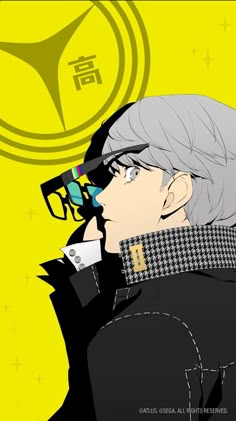 an anime character with grey hair and glasses looking at something in his eyeglasses