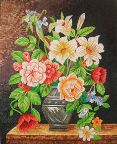 a painting of flowers in a vase sitting on a table with leaves and flowers around it