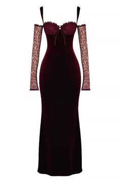 When every detail is in place, the only thing left to do is slip into the Beautiful Evening Velvet Maxi Dress and dance the night away! Cut from sumptuously soft stretch velvet in burgundy color, this dress hugs the figure to enhance your curves. The pretty lace cups and the delicate lace sleeves add elegant drama. We love the floor-pooling maxi length for a show stopping silhouette that looks perfect styled with your high heels for your next special occasion. Hidden back zipper/clasp. Soft Velv Look Gatsby, Velvet Maxi Dress, Velvet Maxi, Looks Party, Prom Dress Inspiration, Pretty Prom Dresses, فستان سهرة, Grad Dresses, Velvet Lace