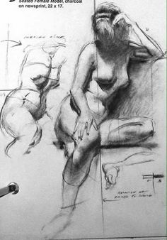 a pencil drawing of a nude woman sitting on a couch