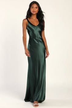 Perfectly Classy Emerald Green Satin Strappy Maxi Dress Emerald Green Bridesmaid Dresses, Green Satin Dress, Green Formal Dresses, Long Green Dress, Emerald Dresses, Emerald Bridesmaid Dresses, Dark Green Dress, Emerald Green Dresses, Strappy Maxi Dress