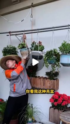 a woman is hanging plants in pots on the wall and holding them up with her hands