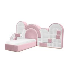 a bed with pink and white furniture on it's sides, including a book shelf